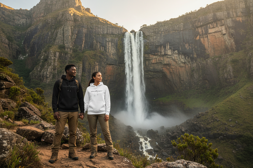 Africanis™ Drakensberg Hoodie — Male and Female in Black and White Hoodies Tugela Falls