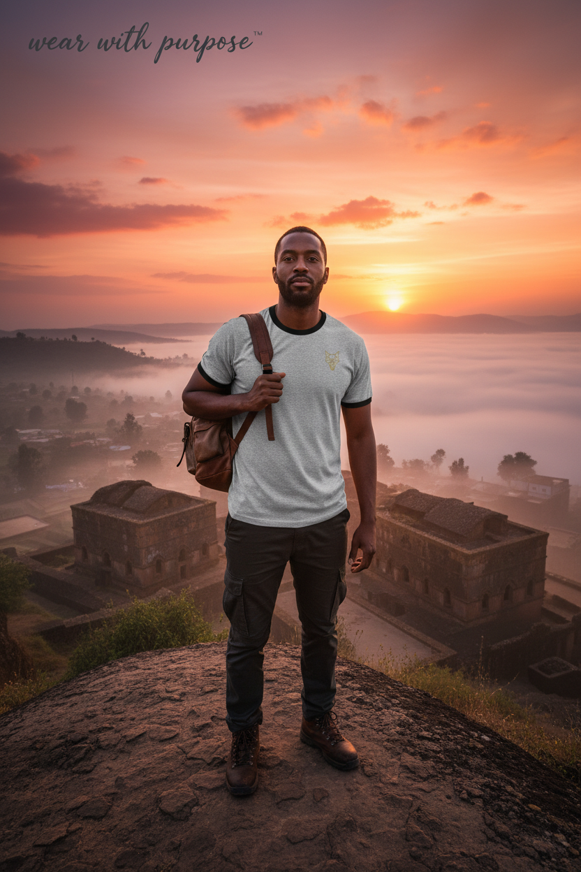 Africanis™ Lalibela Heather Grey/Black T-Shirt — Male Explorer, Highland Sunrise
