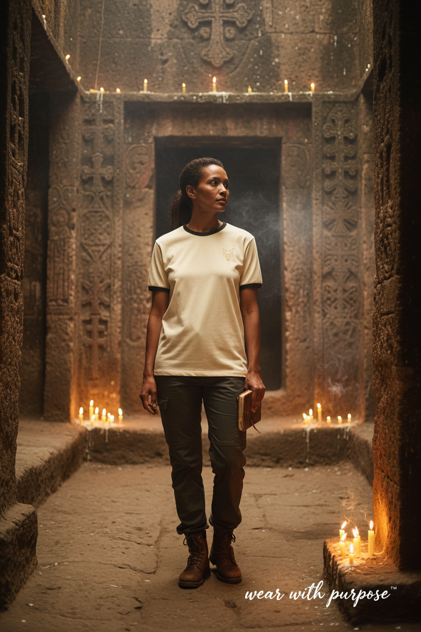 Africanis™ Lalibela Natural/Black T-Shirt — Female Explorer, Church Courtyard