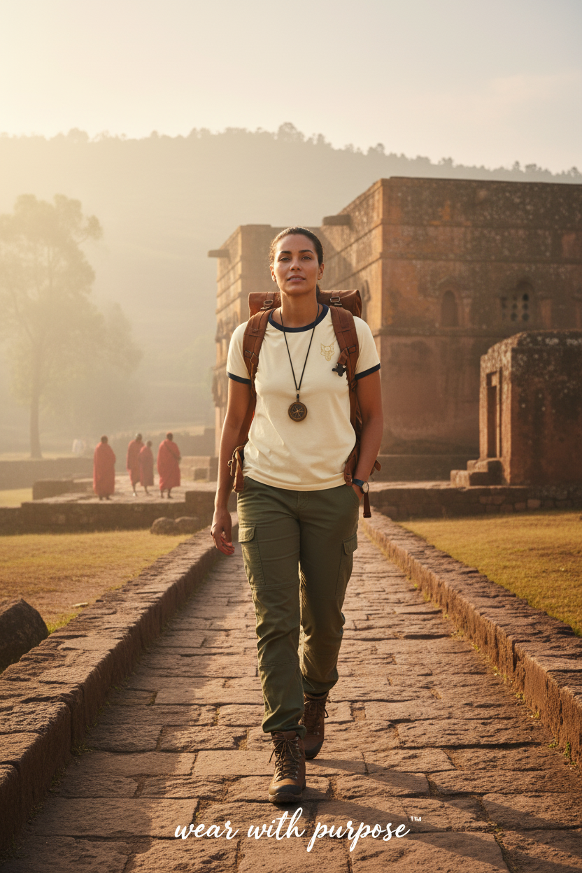 Africanis™ Lalibela Natural/Midnight Navy T-Shirt — Female Explorer, Stone Pathways