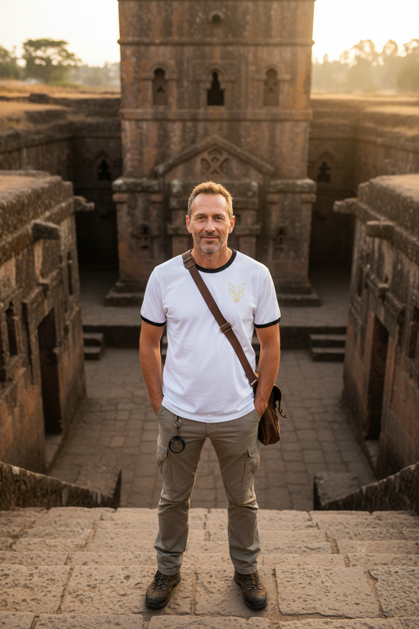 Africanis™ Lalibela White/Black T-Shirt  — Male Explorer, Bete Giyorgis