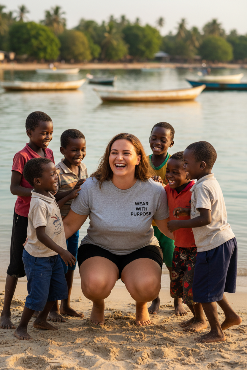 Africanis™ Likoma Women's Heather Grey T-Shirt With Local Kids on Shore