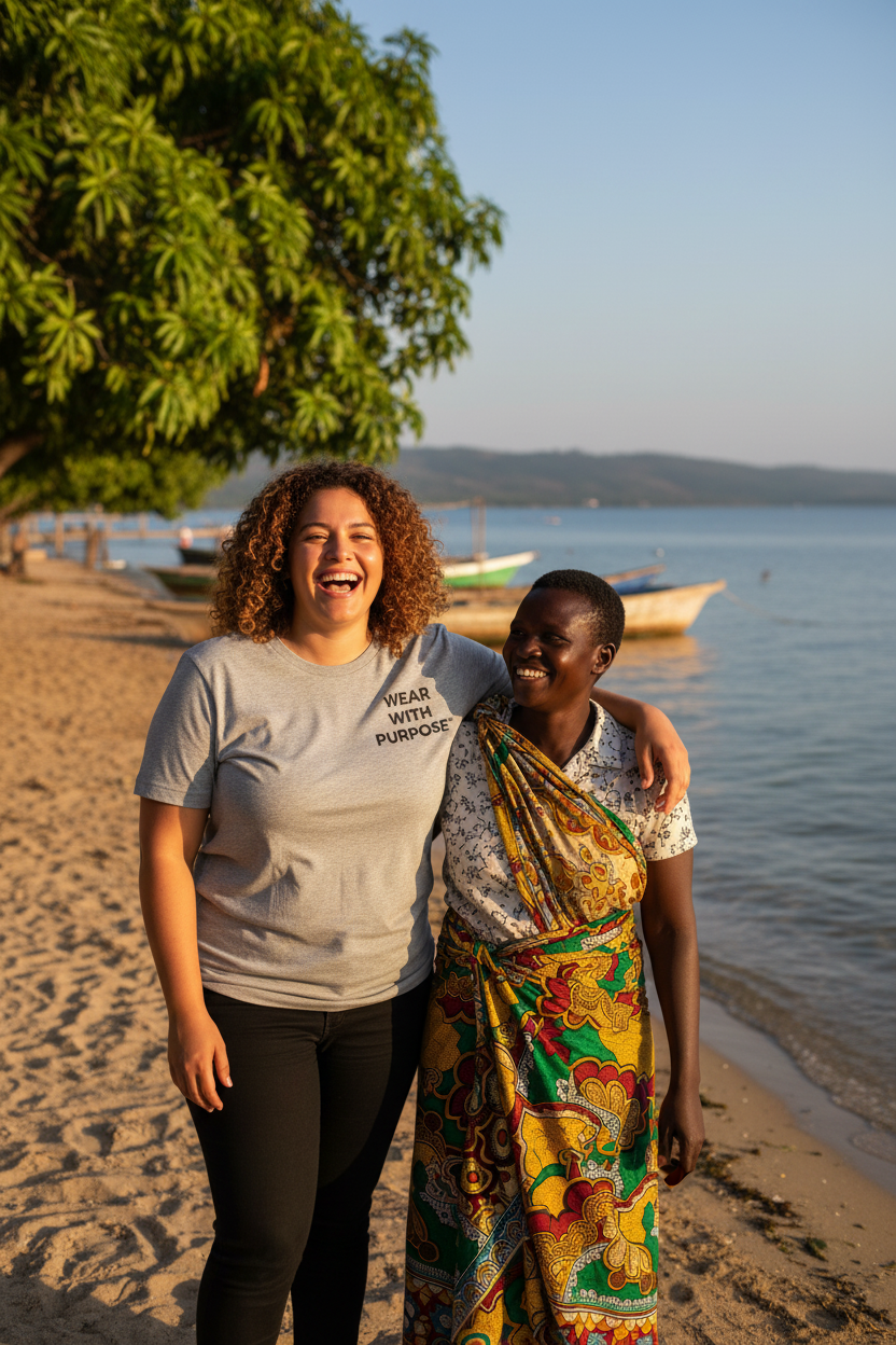 Africanis™ Likoma Women's Heather Grey — With Local Woman on Shore