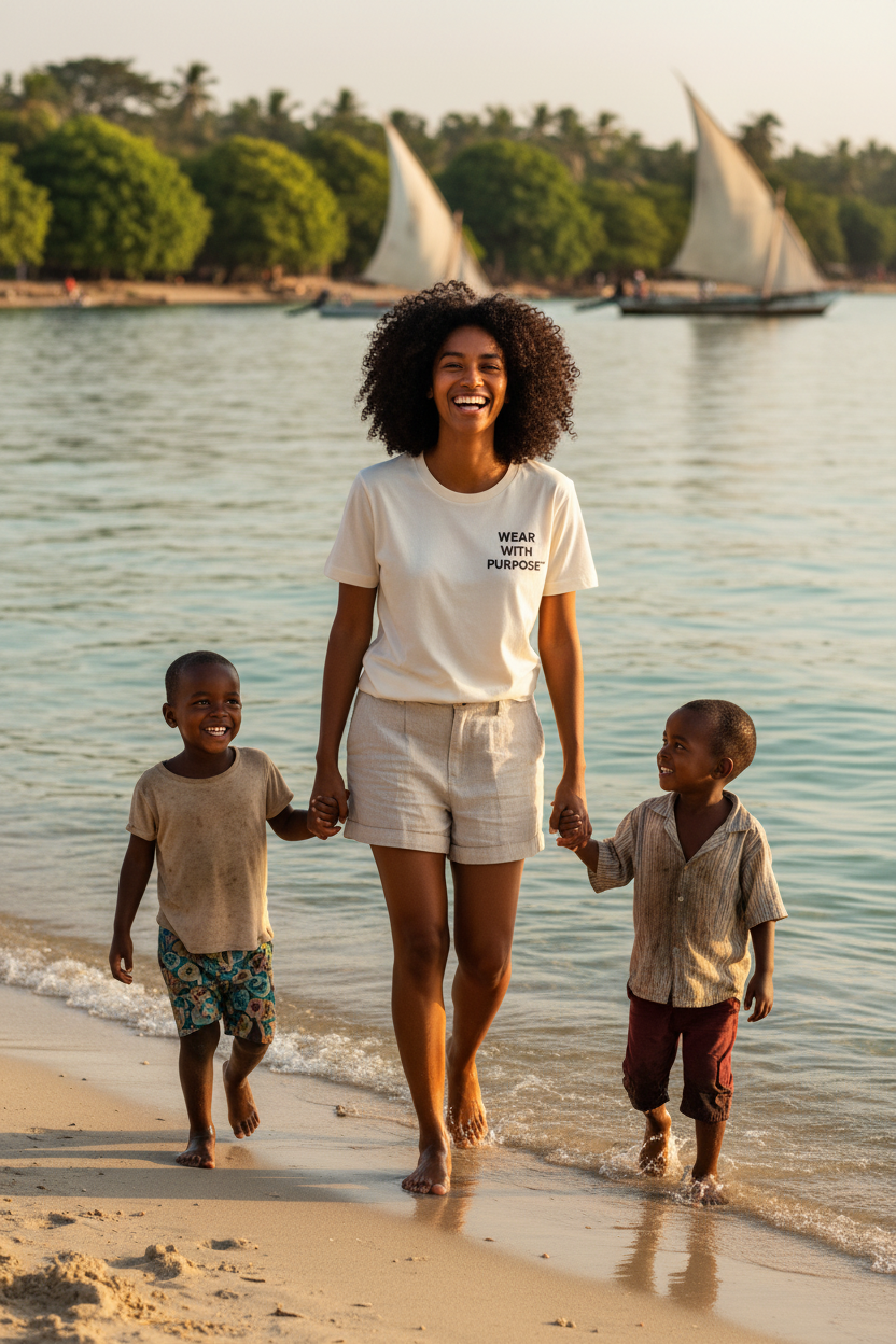 Africanis™ Likoma Women's Off White — Walking Hand-in-Hand with Local Kids