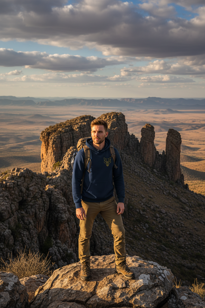 Africanis™ Little Karoo Hoodie — Male, French Navy, Valley of Desolation