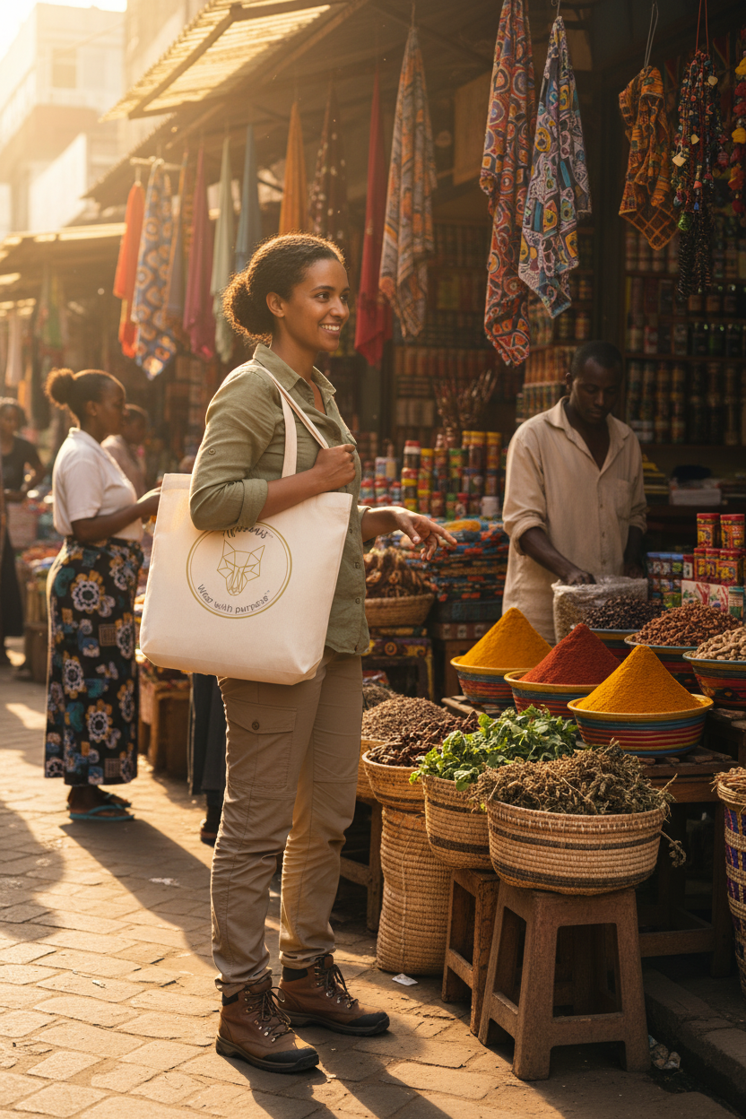 Africanis™ Mercato Beige Organic Tote Bag Mercato Market Addis