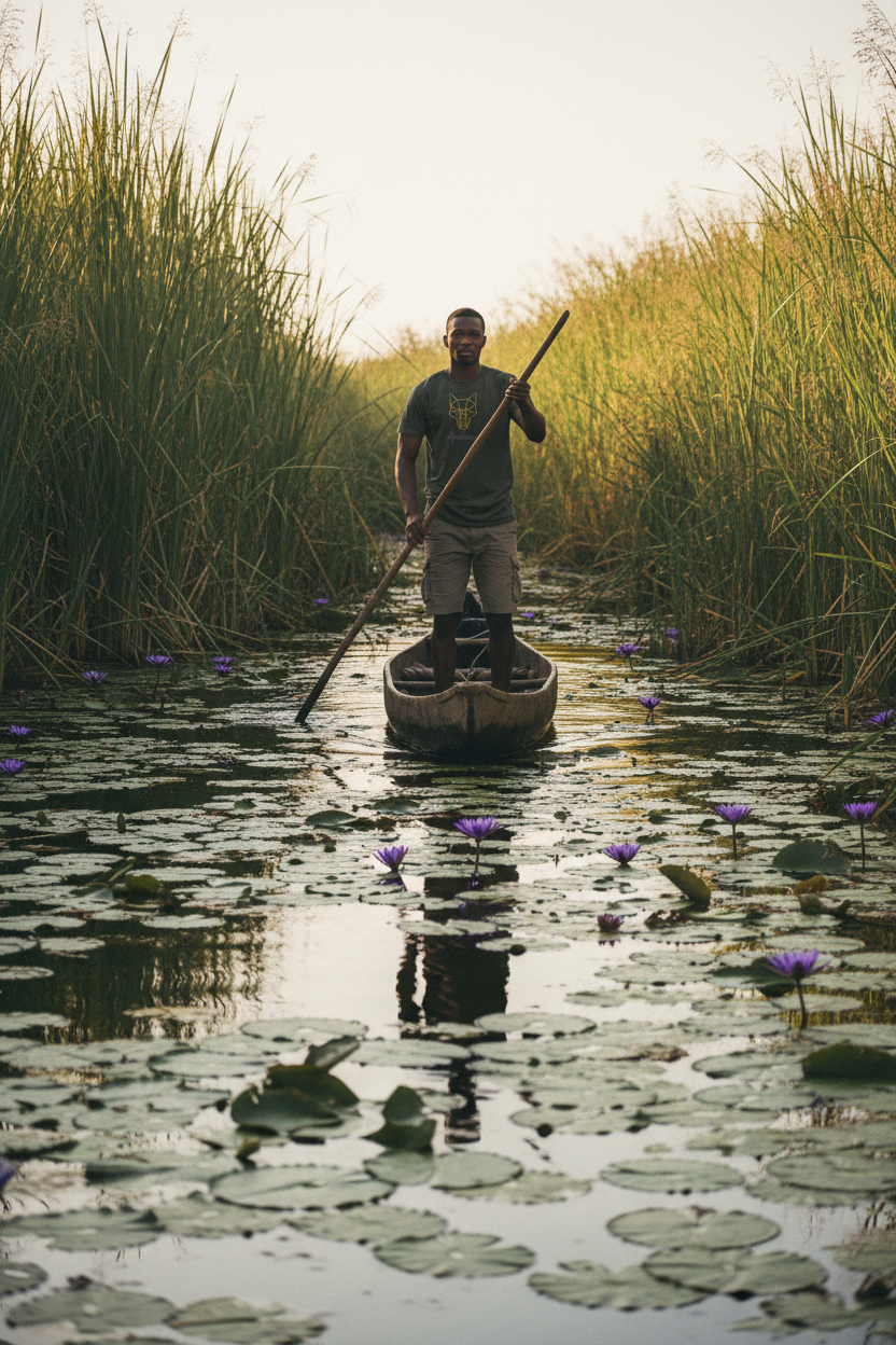 Africanis™ Okavango Anthracite T-Shirt — Male Poler, Standing in Mokoro