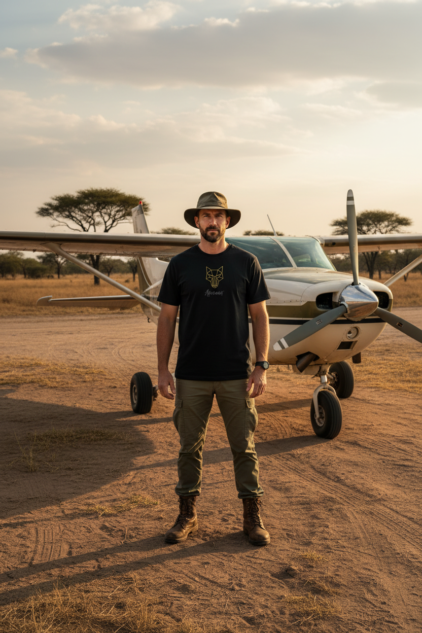 Africanis™ Okavango Black T-Shirt — Male Explorer with Cessna