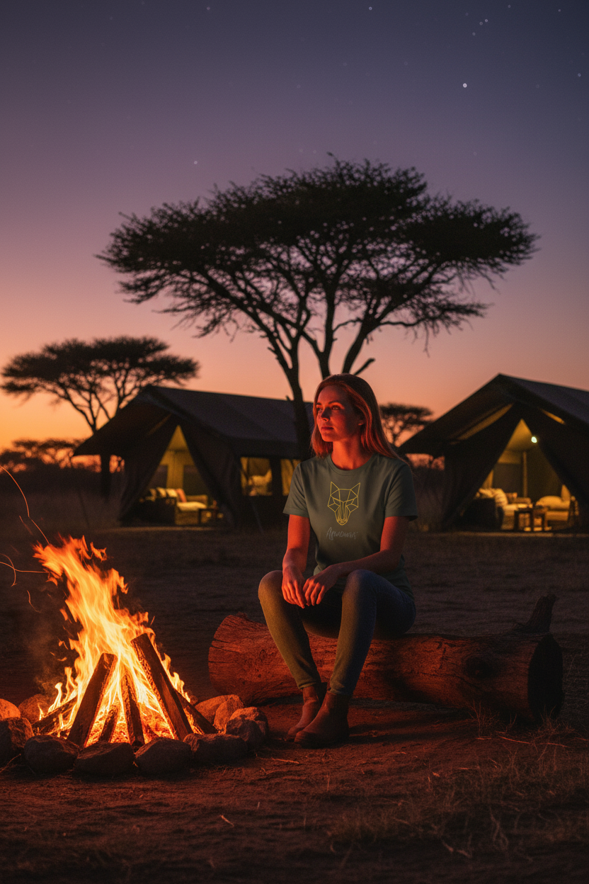 Africanis™ Okavango India Ink Grey T-Shirt — Female Explorer, Campfire