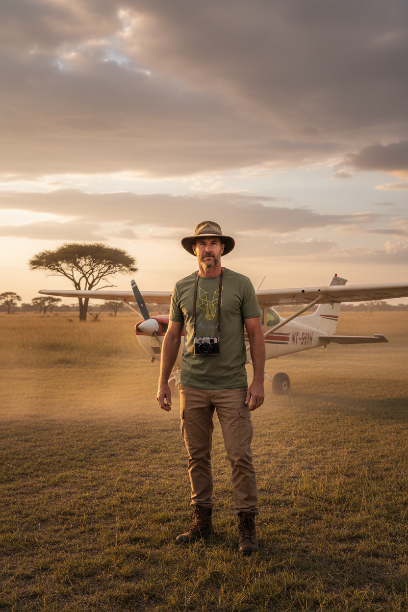 Africanis™ Okavango Khaki T-Shirt — Male Explorer, Bush Airstrip Arrival