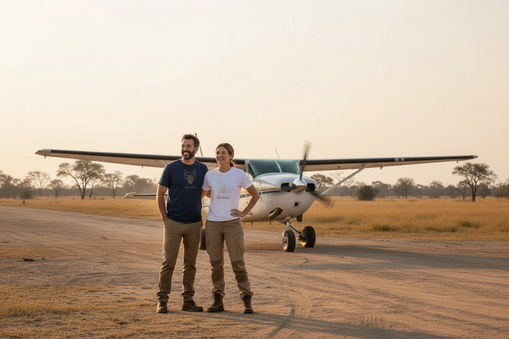 Africanis™ Okavango White & French Navy T-Shirts Explorers at Airstrip in Okavango