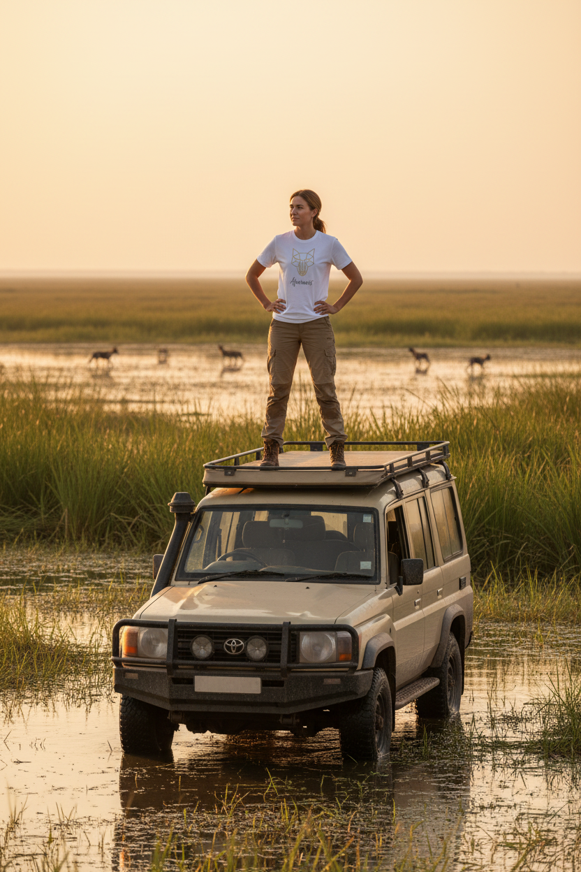 Africanis™ Okavango White T-Shirt — Female Explorer, 4x4 Safari