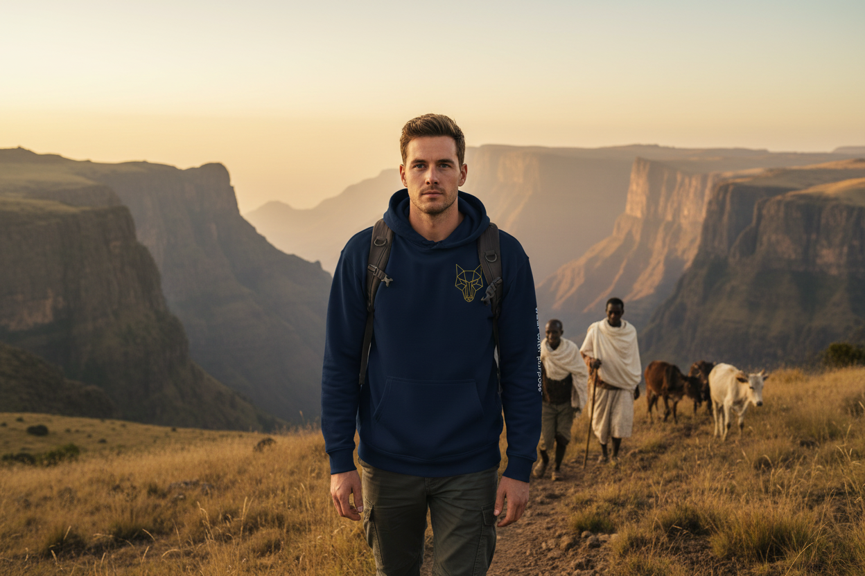 Africanis™ Simien Men's French Navy Organic Hoodie Simien Mountains with Amhara People