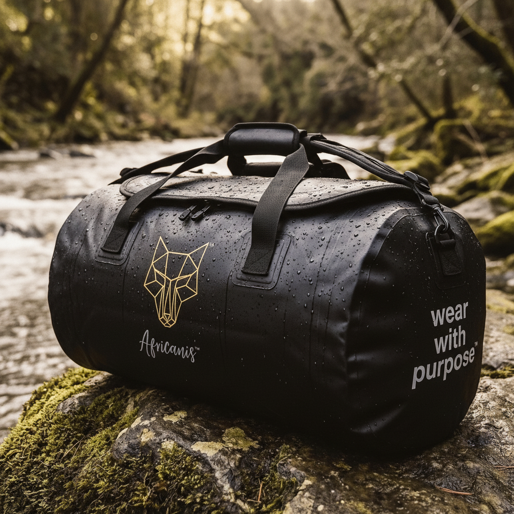 Black 71L duffel bag with Africanis branding